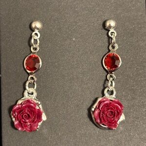 Elegant Silver and burgundy Rose Drop Earrings